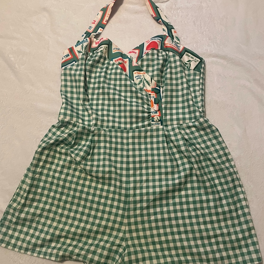Unique Vintage Green Gingham Halter Romper with Fruit Print Trim